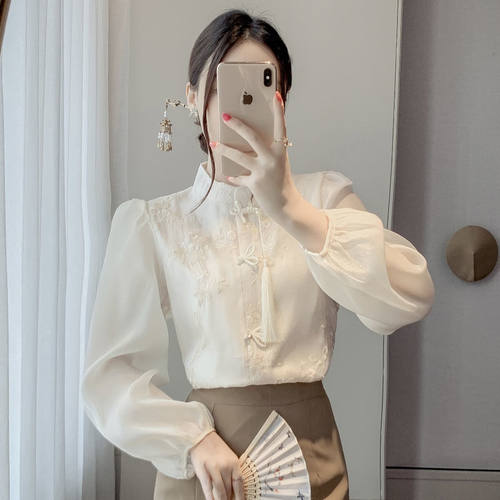 新中式国风盘扣衬衫春装女2025年新款设计感洋气宽松长袖立领上衣