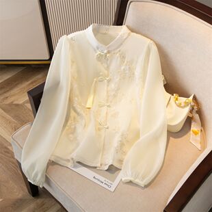 上衣新中式 设计感泡泡袖 国风 女2025春秋新款 刺绣盘扣改良旗袍衬衫