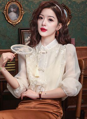 新中式盘扣改良旗袍衬衫女百搭春季新款复古国风小众刺绣长袖上衣