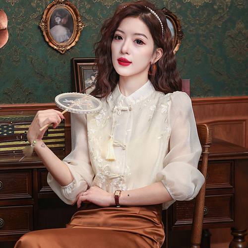 新中式盘扣改良旗袍衬衫女百搭春季新款复古国风小众刺绣长袖上衣