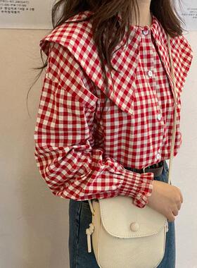 2024春秋衬衣叠穿红色格子衬衫女复古港味娃娃领上衣女设计感小众