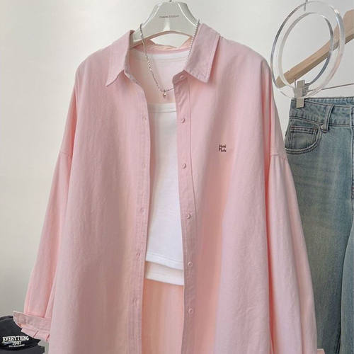 2025春季新款宽松韩版慵懒字母显瘦粉色字母刺绣显瘦职业外套衬衣
