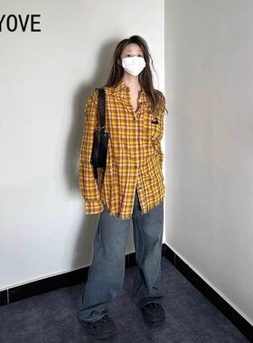多巴胺港风街头复古衬衫男女百搭宽松长袖黄色格子薄款上衣外套潮