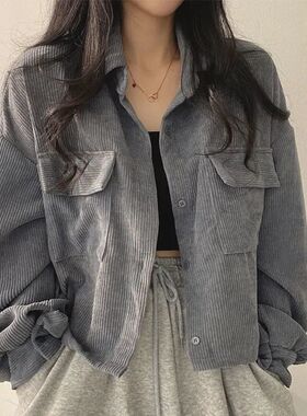 短款外套女春秋新款开衫韩版高级感灯芯绒设计感小众别致黑色上衣