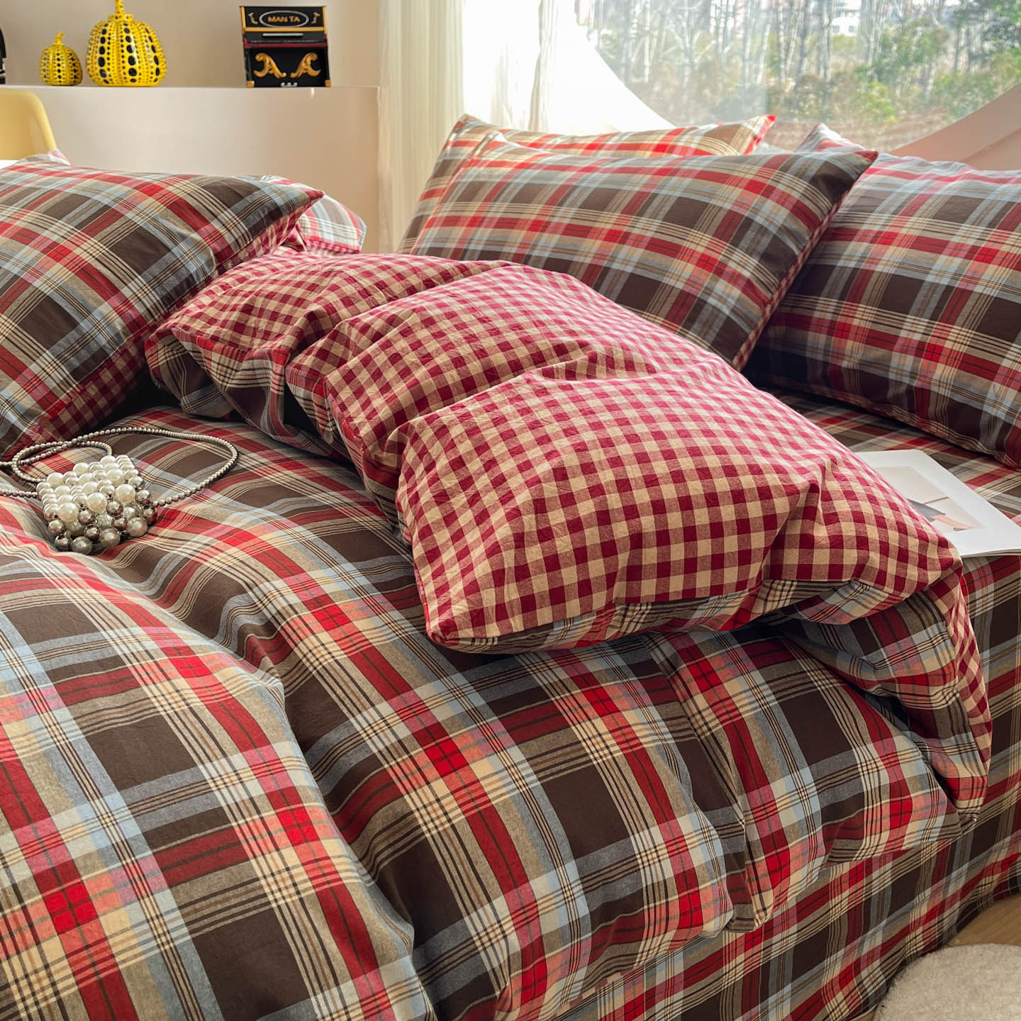 复古红色格子全棉床上四件套纯棉色织水洗棉裸睡学生宿舍三件套,床上用品,床品套件/四件套/多件套,淘宝优惠券,粉丝福利购,淘宝优惠卷