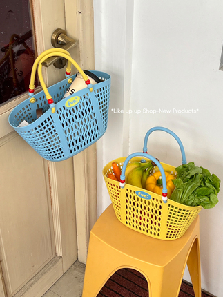 ins Hollow-Out Macaron-Colored Woven Tote Basket for Fruits and Vegetables, Picnic, Vacation Style, Casual Beach Handbag for Commuting
