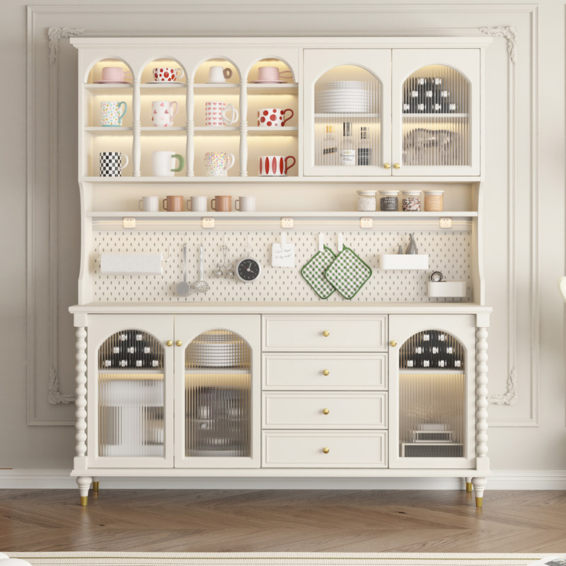 法式奶油风实木餐边柜一体靠墙美式轻奢家用茶水柜收纳柜中古酒柜