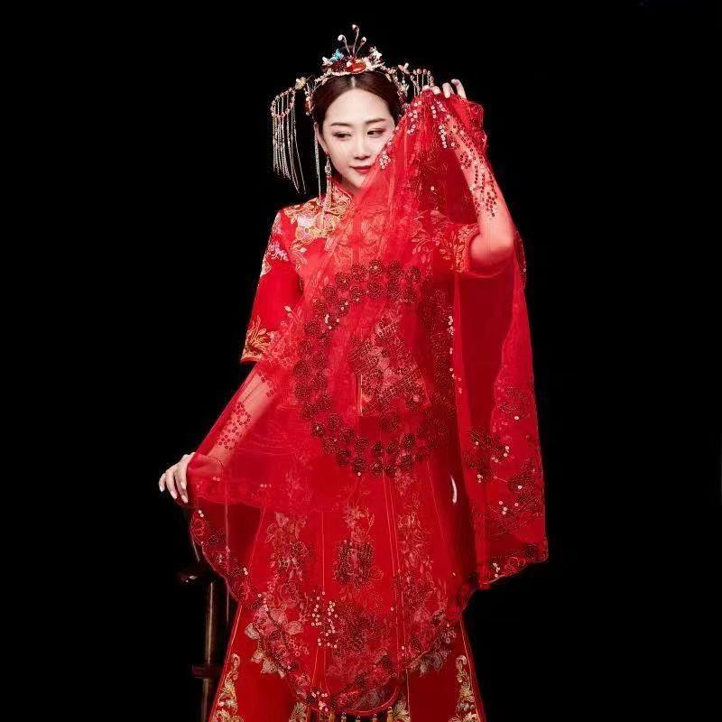 新娘中式流苏秀禾服红色盖头结婚礼红盖头蒙头巾喜帕婚庆用品大全