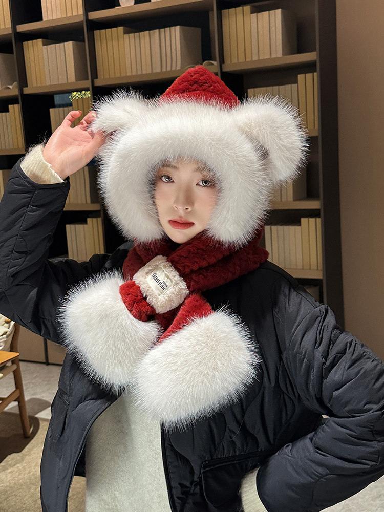 앙고라 레드 귀여운 곰 모자 여성 2024 새로운 가을 겨울 스카프 원피스 투피스 사이클링 따뜻한 모자
