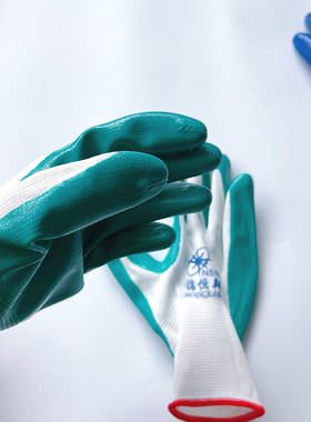 锦恒翔丁腈浸胶蓝绿色劳保手套PVC尼龙单面涂胶防护手套12双