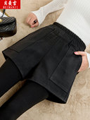 子春秋冬薄款 纯棉裤 外穿高腰弹力加绒加厚 女毛呢短裤 假两件打底裤