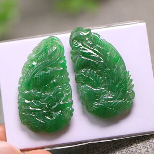 #2125一对冰糯种满绿天然A货翡翠仿古龙凤花片 可镶嵌吊坠胸针