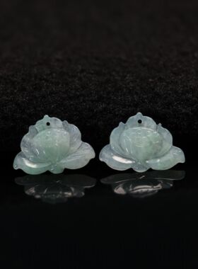 #H568一对冰种淡绿色天然A货翡翠莲蓬莲小花耳坠耳钉花片裸石