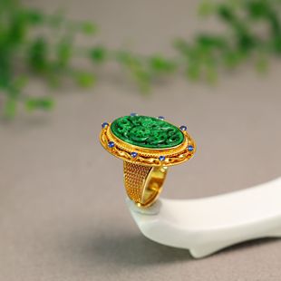 S925银镀金镶嵌满色辣绿缅甸天然A货翡翠雕花戒指活口女戒 K341