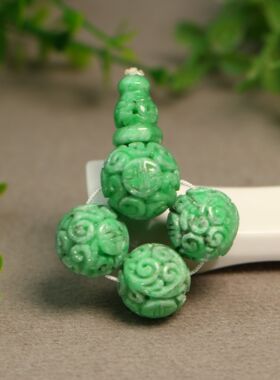 #F880满绿天然A货翡翠大珠子三通佛头 龙纹雕花圆珠三通珠串配件