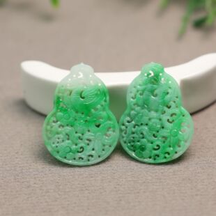 一对阳绿天然A货翡翠镂空雕花葫芦耳坠吊坠花片裸石 C492