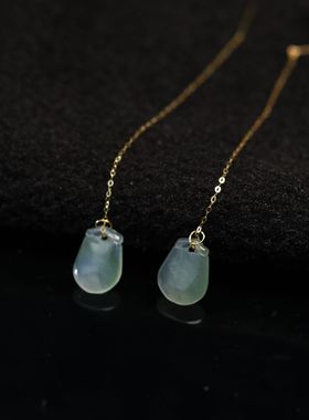 #F704 18K金耳线镶嵌冰种天然A货翡翠福袋耳坠