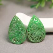 5453一对绿色天然A货老翡翠双面镂空雕花龙纹水滴形耳坠花片