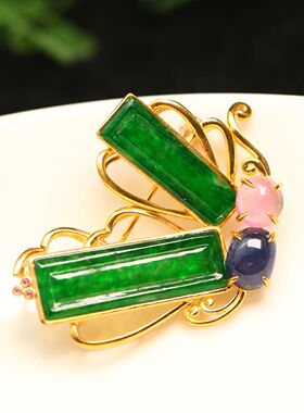 #D217 S925银镶嵌满色辣绿天然A货翡翠蝴蝶胸针吊坠二用款