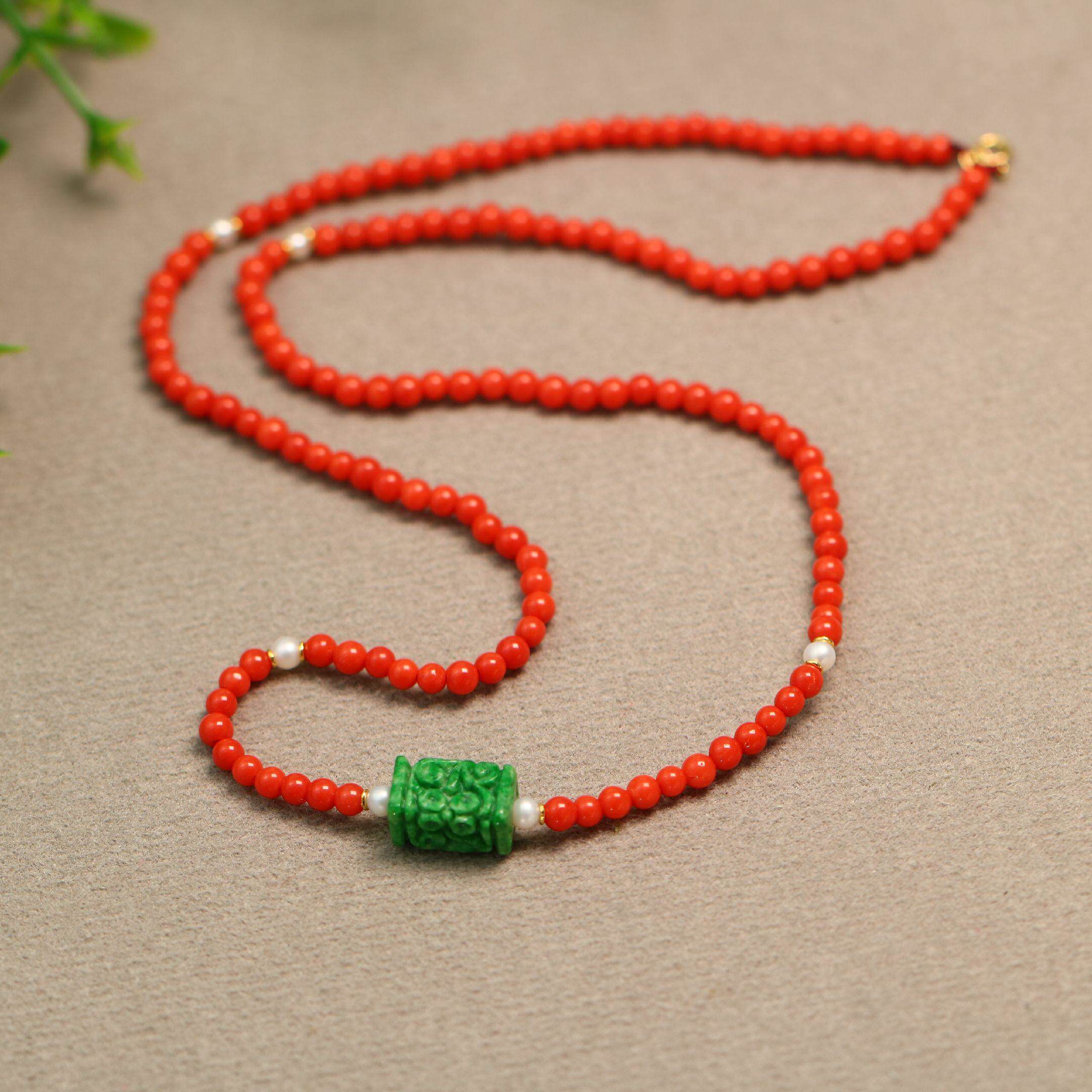 #F484一条天然有机红宝搭配天然A货翡翠桶珠锁骨项链