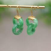 I302 18K金镶嵌糯底满绿天然A货翡翠两连环耳坠耳环耳饰