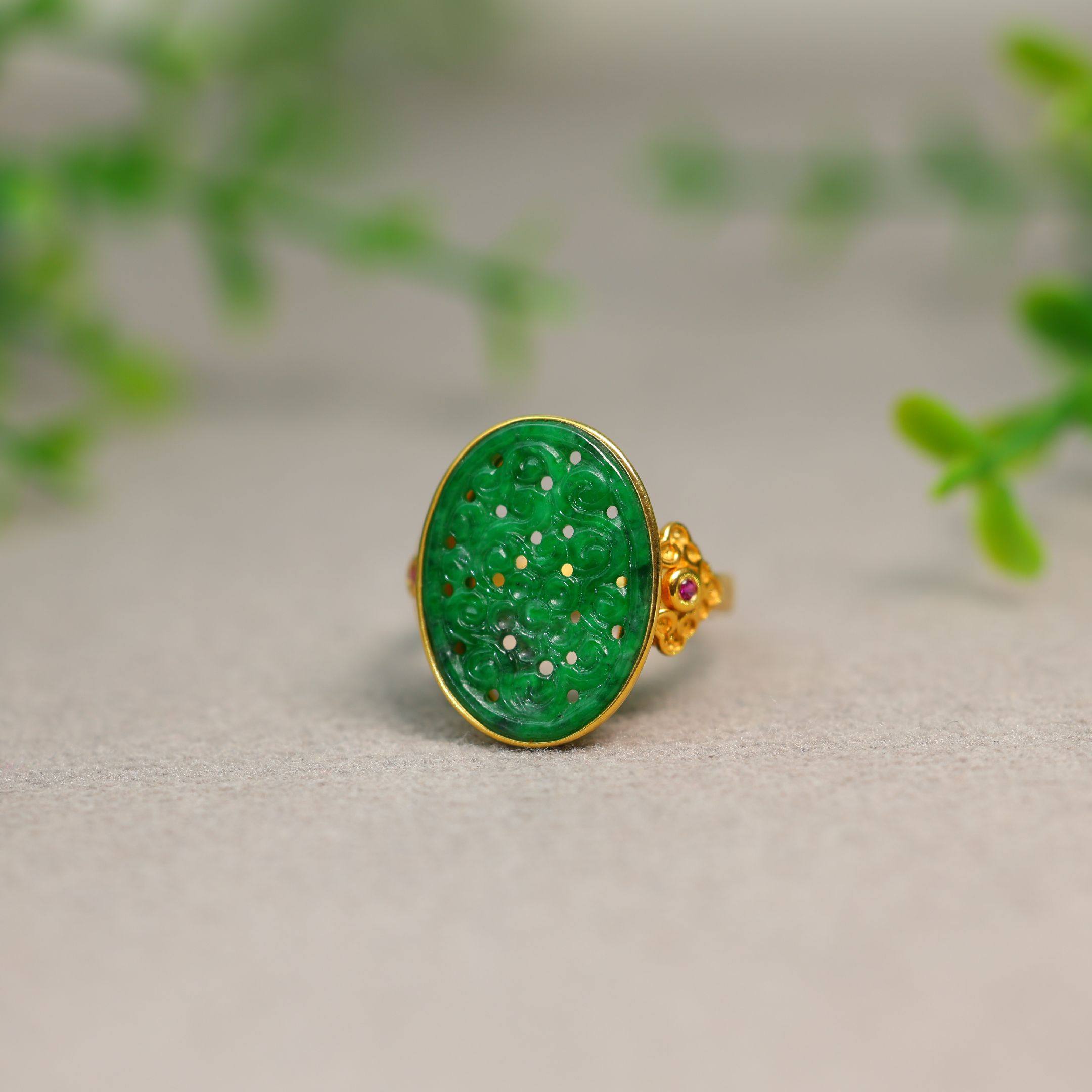 #K757银鎏金加红宝石镶嵌辣绿缅甸天然A货翡翠椭圆形雕花开口戒指,珠宝/钻石/翡翠,戒指/指环,淘宝优惠券,粉丝福利购,淘宝优惠卷