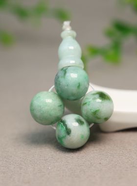 #J509白底飘绿花缅甸天然A货翡翠素面珠子三通佛头 18子珠串配件