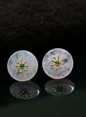 #1093一对18K金加冰绿翡翠蛋面镶嵌冰种天然A货翡翠平安扣耳钉