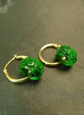 #J443 18K金圈镶嵌满色辣绿缅甸天然A货翡翠雕花圆环耳坠耳扣款