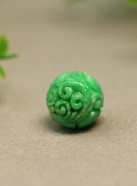 #C688 14.5MM阳绿天然A货团寿龙纹雕花珠子佛珠顶珠