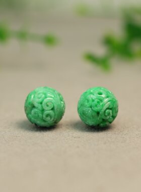 #M082 一对绿色缅甸天然A货翡翠雕花珠子15MM团寿龙纹大圆珠佛珠