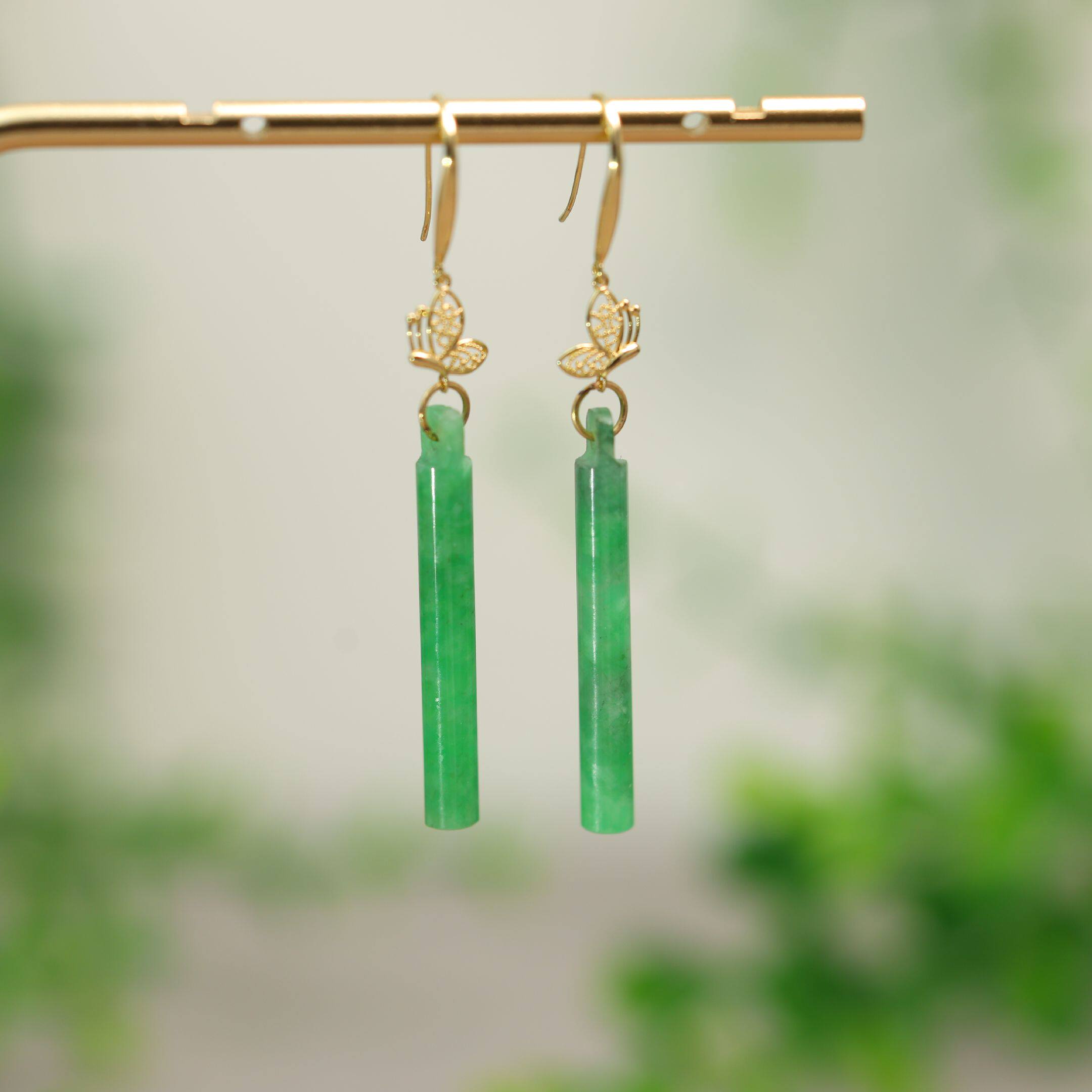 #J972 18K金耳钩镶嵌冰种满绿缅甸天然A货翡翠翎管耳坠中国耳饰