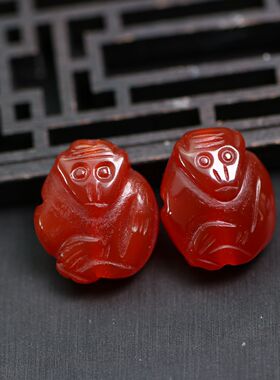 一对红色天然老玛瑙灵猴 十二生肖玛瑙猴子 通天孔  