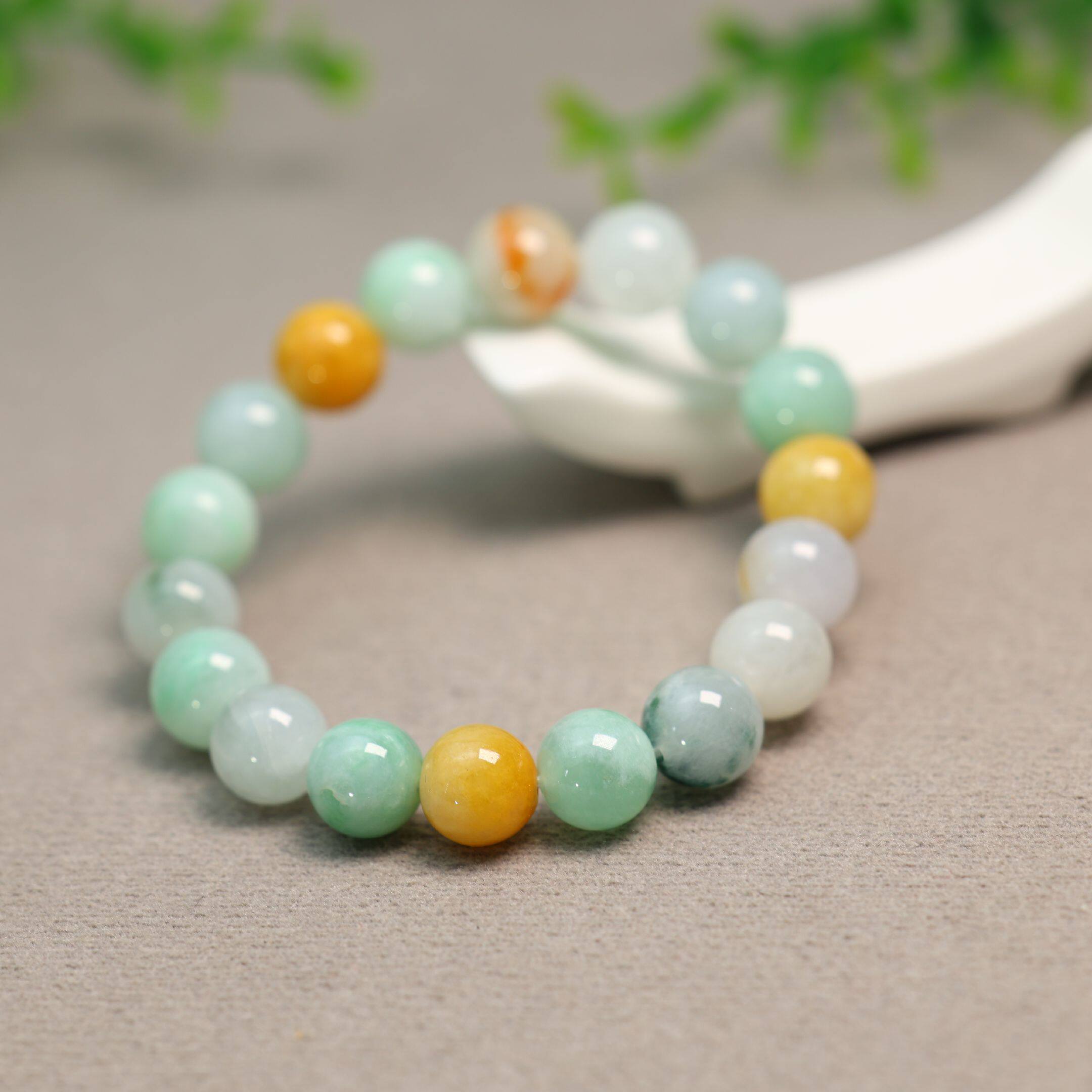 #J744冰糯种多色缅甸天然A货翡翠素面珠子手串手链