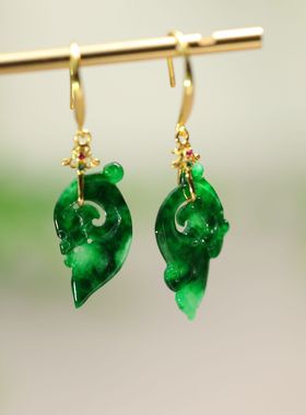 #G466 老坑辣绿缅甸天然A货翡翠龙纹耳坠耳环S925银镶嵌