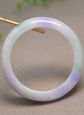 #K106糯底紫色飘绿花缅甸天然A货翡翠手镯 52MM圈口正圈手镯