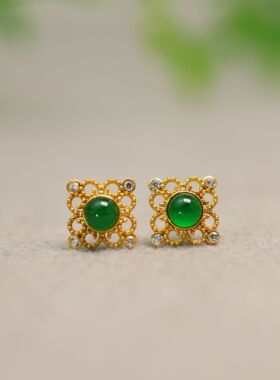 #I356 18K金镶嵌冰种满绿缅甸天然A货翡翠四叶草形蛋面耳钉耳饰