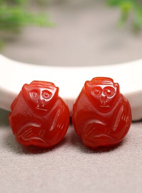 一对红色天然老玛瑙十二生肖灵猴猴子 通天孔