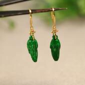 F156一对S925银镶嵌满色辣绿天然A货翡翠玉米耳环耳坠
