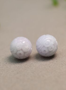 #I181一对淡紫色天然A货翡翠雕花珠子 15MM团寿龙纹圆珠顶珠