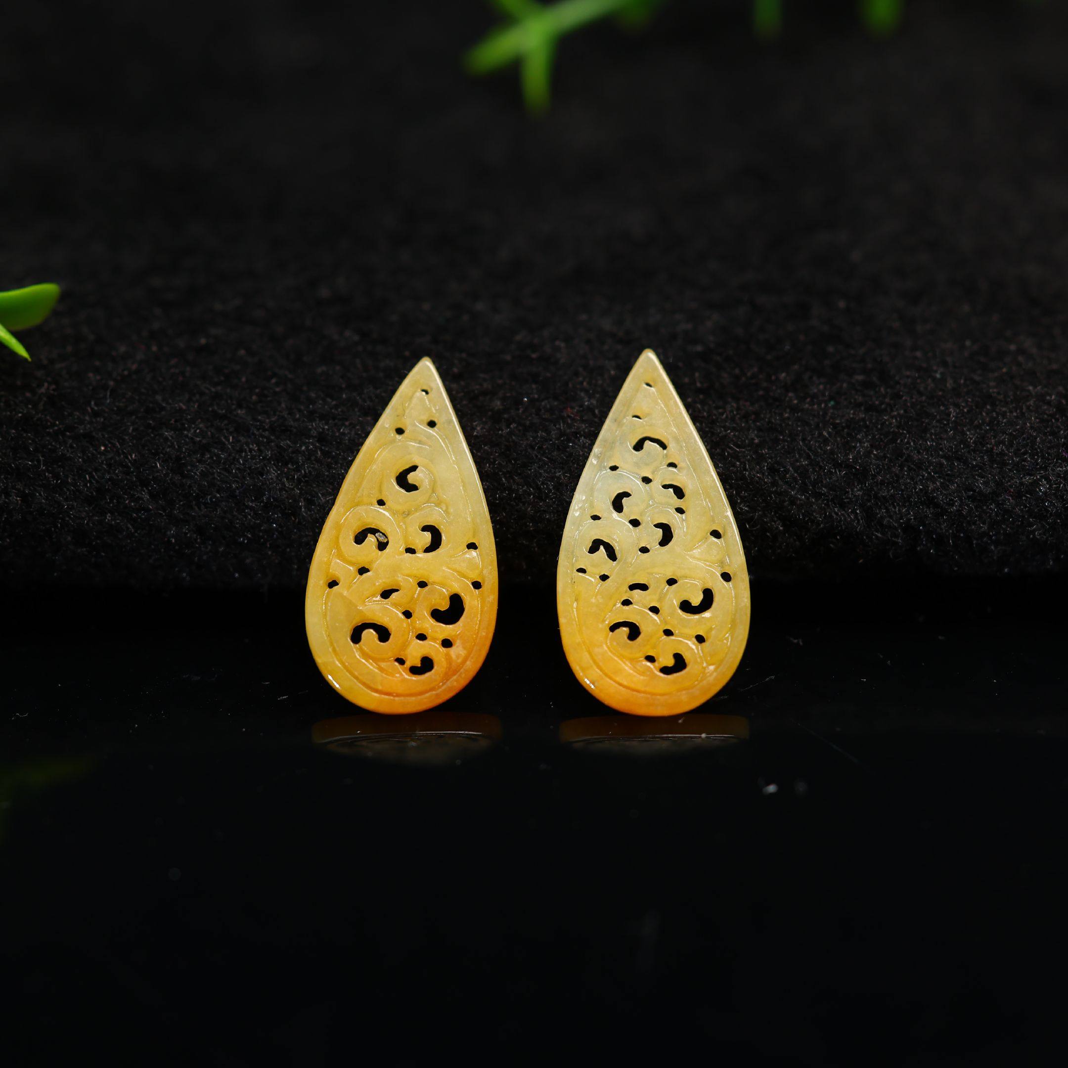 #K243一对满色缅甸天然A货黄翡翡翠镂空雕花水滴形耳坠花片裸石,珠宝/钻石/翡翠,翡翠裸石/蛋面,淘宝优惠券,粉丝福利购,淘宝优惠卷
