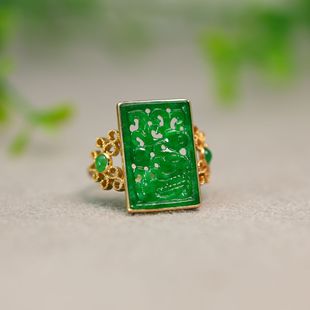 18K金镶嵌满色辣绿缅甸天然A货翡翠方形雕花戒指古风女戒 K465