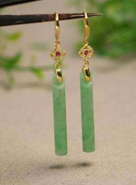 #E647一对S925银镀金镶嵌冰濡种绿色天然A货翡翠翎管耳坠 耳钩款