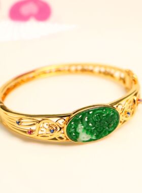 #D646 S925银镀金镶嵌辣绿天然A货翡翠雕花手镯