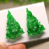 D402一对老坑冰种满色辣绿天然A货翡翠镂空凤鸟雕花花片