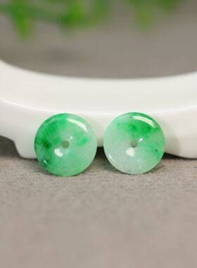 #K333一对冰糯底飘阳绿缅甸天然A货翡翠平安扣 镶嵌耳钉裸石