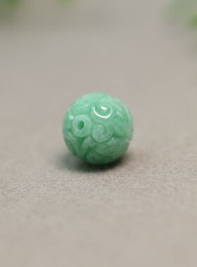 #G341糯底果绿天然A货翡翠雕花珠子 团寿龙纹圆珠佛珠顶珠