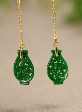 #D280一对满色辣绿天然A货翡翠镂空花瓶形耳坠耳环