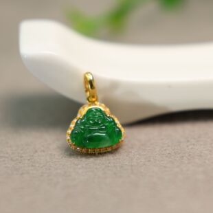 18K金加钻石镶嵌冰种满绿天然A货翡翠弥勒佛佛公锁骨吊坠 I043