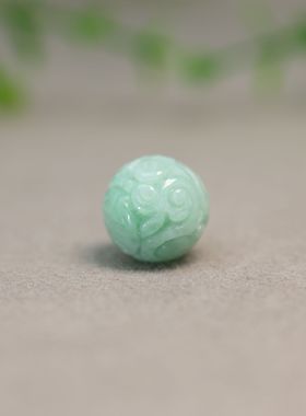#K523糯底绿色缅甸天然A货翡翠团寿龙纹雕花珠子 14MM圆珠佛珠